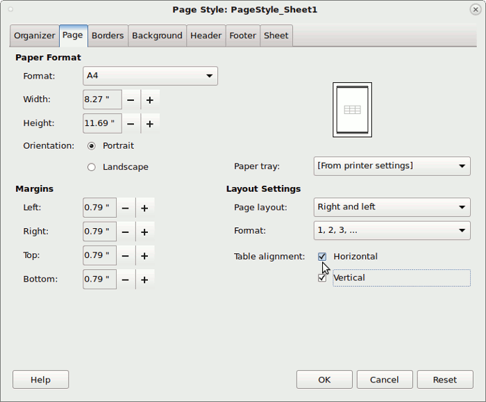 Page Style Libreoffice calc